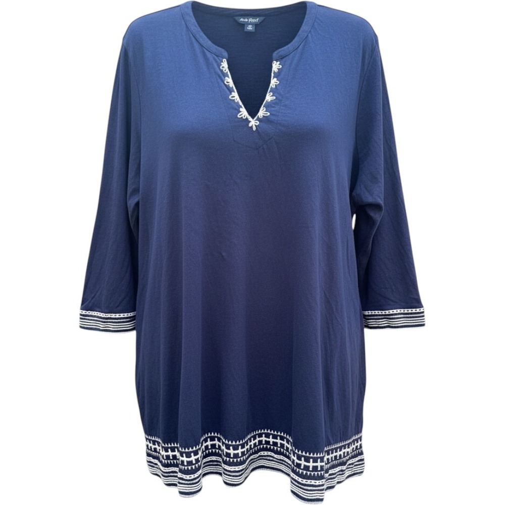 Lucky Brand Womens 2X Navy Blue Embroidered Split Neck 3/4 Sleeve Cotton Tunic